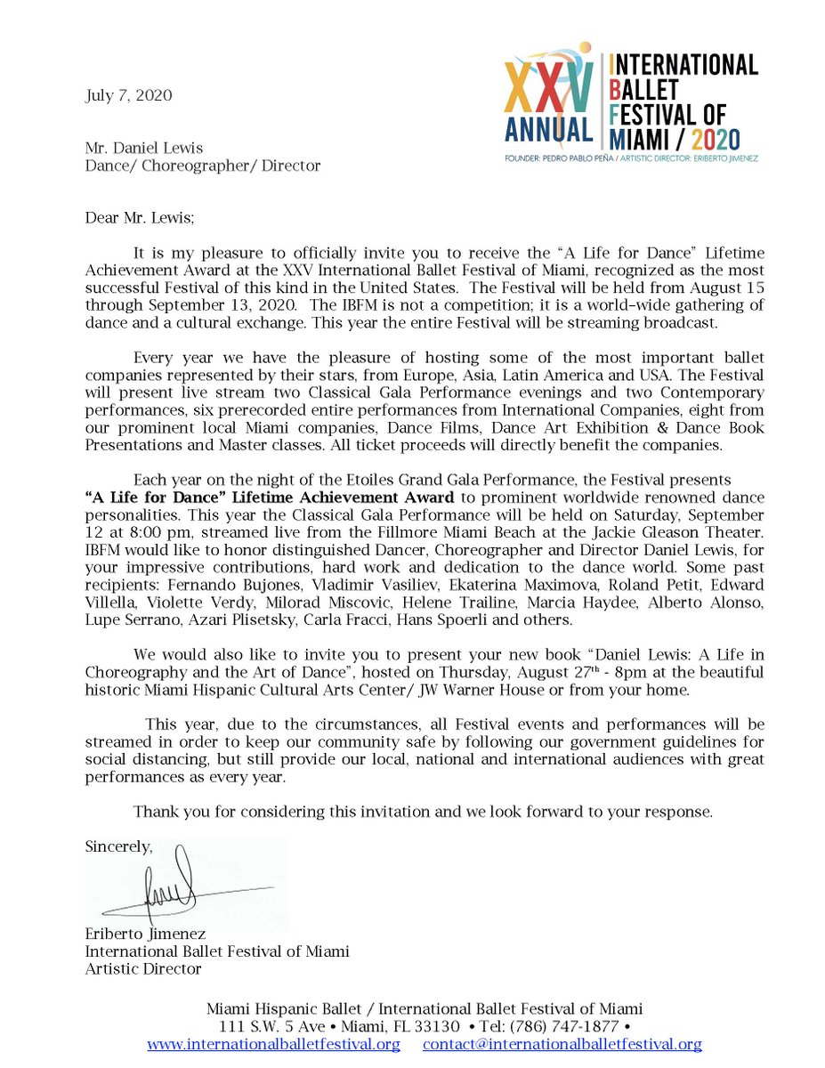 dancedan's tweet image. I am so please and honored to be receiving “A Life for Dance” Lifetime Achievement Award at the XXV International Ballet Festival of Miami on September 12 at 8:00 pm. See letter below.