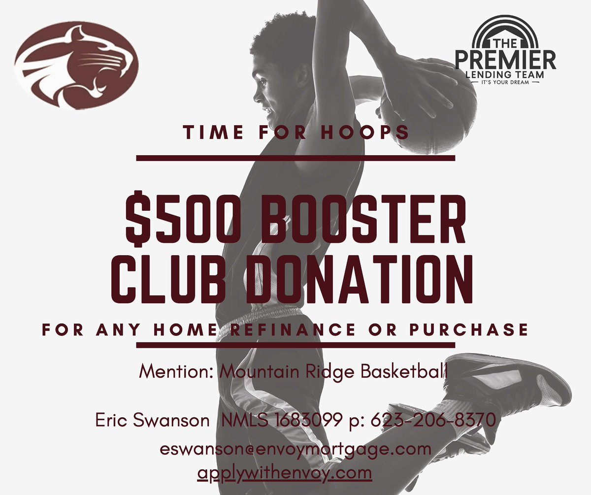 If you are in the market for a home purchase or refinance please take a look at the flier, and contact <a href="/TheDjBigE12/">Eric Swanson</a> 

When you mention Mountain Ridge Mens Basketball, there is an opportunity to also help out our program. 

Thank you! 
#ridgebasketball #WIN