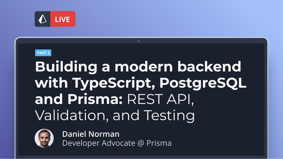 prisma's tweet image. ⏰ In 3 hours: 18:00 CEST!
@daniel2color presents ✨ Part Two✨ of the Prisma series: "Building a modern backend with TypeScript, PostgreSQL and Prisma”, covering:
🌟 Building a REST API
🌟 Validation
🌟 Testing
🔔 youtube.com/watch?v=d9v7um…
#TypeScript #PostgreSQL #HapiJS