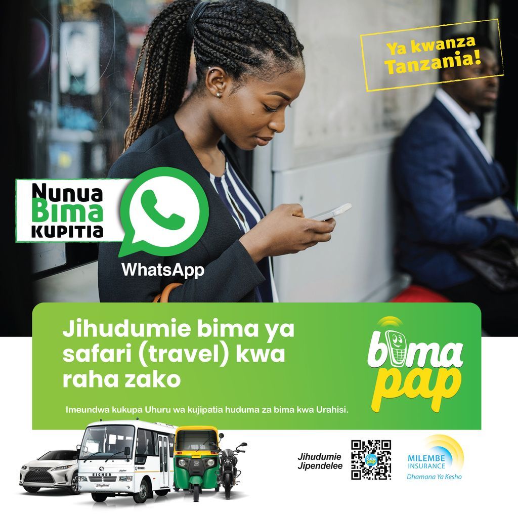 bimapaptz's tweet photo. Kata bima yako ya safari na #BIMAPAP ili kujipa uhakika wa mali zako.
.⠀⠀
Tuma neno BIMAPAP Kwenda 0764166066 Utapata ujumbe utakaokupelekea kupata link ya whatsapp na ulipie bima ya chombo chako.⠀⠀⠀
.⠀⠀⠀
#insurance #bimapap  #insurancebroker #insuranceagent #Traveller https://t.co/Mhx8hDbpTv