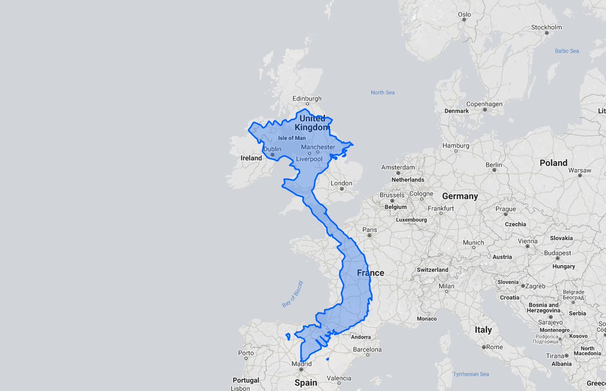 The diversity of the country is perhaps not so surprising when you consider the size of the country. Overlaid on Europe, it stretches nearly from Edinburgh to Madrid and has large areas of mountains in the north and the middle.