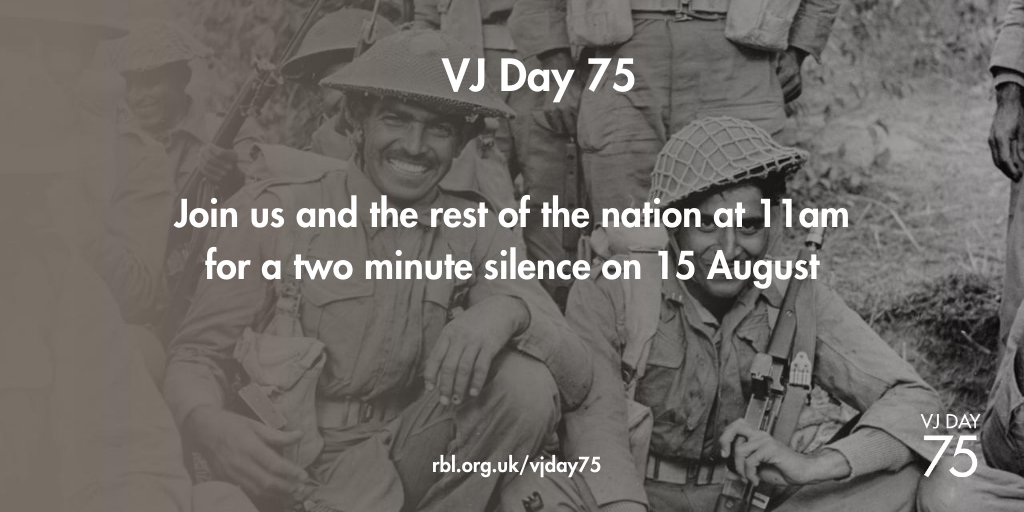 Join us this Saturday at 11am as we lead the nation in a 2 minute silence, commemorating #VJDay75 and the many men and women who served and sacrificed to reach the end of #WW2. We will never forget.