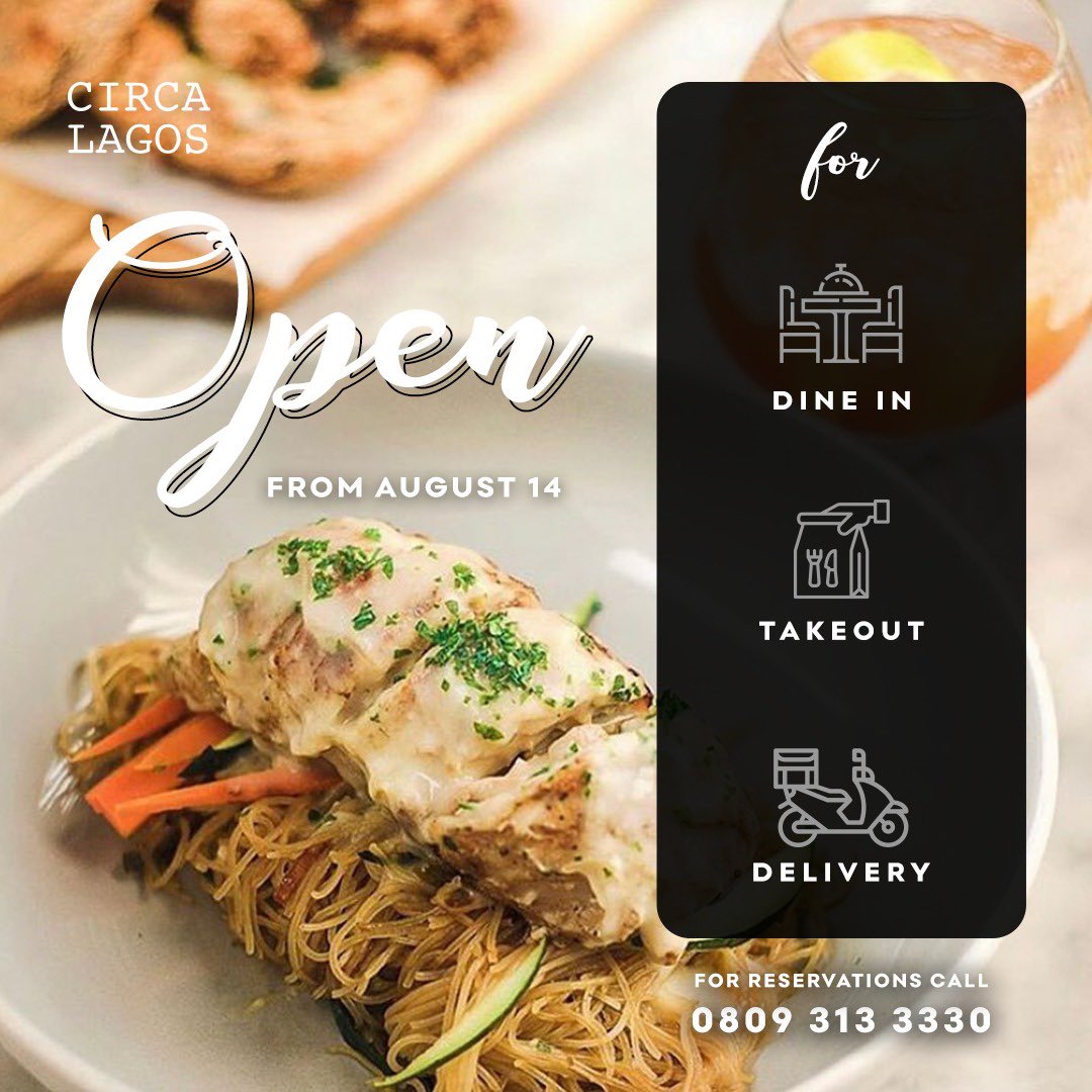 circa_lagos's tweet photo. Hello #circalagoscitizens!
We’ve missed having you dine in at the restaurant and we’re happy to announce that we’re reopening for dine-in services from the 14th of August. 
We encourage you to make reservations before coming to dine-in as we are operating at 50% capacity. https://t.co/zXfctFLyEk