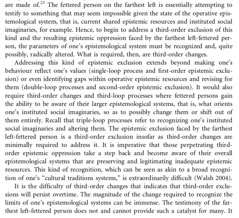 But there is nothing in Dotson’s paper to support this. Addressing irreducible epistemic oppression *may* require abandoning an epistemological system, but it’s fundamentally about the ability to acknowledge one's system’s limitations & willingness to change as needed. 5/n