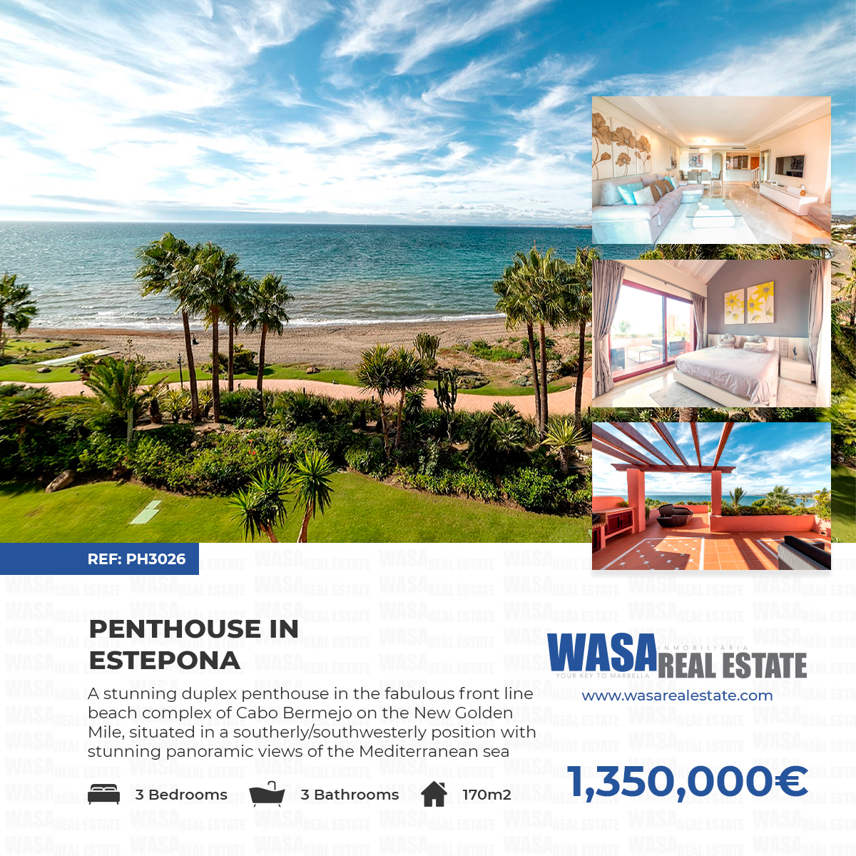 *⃣ A stunning duplex penthouse in the fabulous front line #beach complex of Cabo Bermejo on the New Golden Mile (#Estepona) -  with stunning panoramic views of the #Mediterranean sea.

🏡 170m2
🛏 3 Bedrooms
🛁 3 Bathrooms
✅ bit.ly/3ksitUl

𝐑𝐄𝐅: 𝐏𝐇𝟑𝟎𝟐𝟔