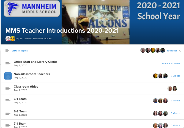 SantosEdTech's tweet photo. Virtual Open House launching tonight in @Flipgrid!  Staff intro videos and parent tech support videos, organized by team.  Thanks for teaming up with me on this one @liblady83!
 
#D83Falcons @D83Shines @moeszcz @njleonardi https://t.co/ZnA5dHLLad
