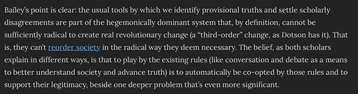 Dotson calls this irreducible epistemic oppression––which, JL says, requires “a complete epistemic revolution that removes the old epistemologies and replaces them with new ones.” He thinks Dotson is arguing that this entails abandoning science, reason, etc. 4/n