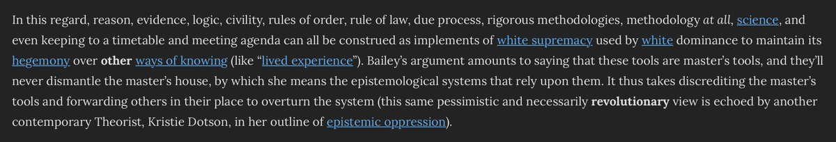 Here’s further discussion of Bailey from the “master’s tools” entry on ND. But this is inconsistent with Bailey’s positive remarks on the critical thinking tradition. 8/n