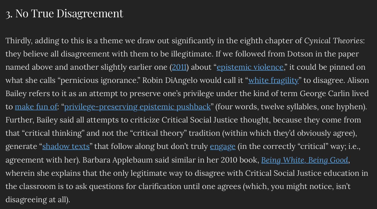 Moving on to reason 3, disagreement: Dotson (2011) defines ‘pernicious ignorance’ merely as (contextually) harmful ignorance; nothing she says in that paper suggests she denies the possibility of legitimate disagreement. But give James credit: the DiAngelo claim is true. 11/n