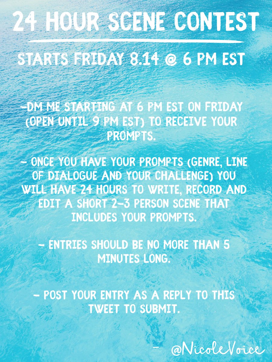 NicoleVoice's tweet image. Introducing our next 24 hour challenge! This time it’s scenes. 

You have until Friday to find yourself a team and prepare. Can’t wait to see what you all come up with this time! 
#voiceacting #nicolevoice24challege