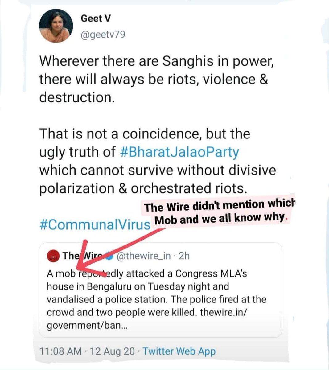 Sekhar1506's tweet photo. Who cracked the joke on prophet ?
- A Congress MLA 's family member.
Who did the Riots?
- Muslims
And who are Liberals blaming for the Riots ?
-BJP
@geetv79  Kaunsa nasha karte hain app ?? 😒
#LiberalLogic  🙏🏻
#BangloreRiots #LiberalismIsTheRealPandemic https://t.co/OgTGEPoF8U