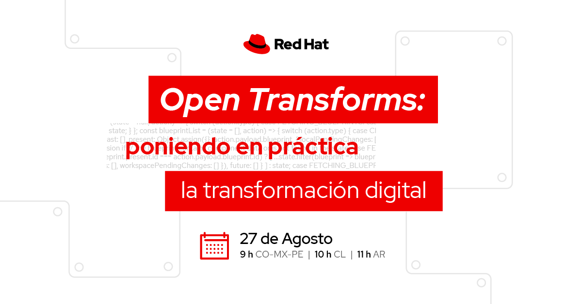 redhatla's tweet photo. 🔜¡Se acerca #OpenTransforms 2020! Este 27 de agosto sumérgete en las nuevas prácticas de #TransformacionDigital y aprende de la mano de los expertos cómo aplicar los procesos y la tecnología abierta a tus negocios. ¿Te lo vas a perder? Regístrate https://t.co/uxVO4v4FmD https://t.co/H41bPTwhsf