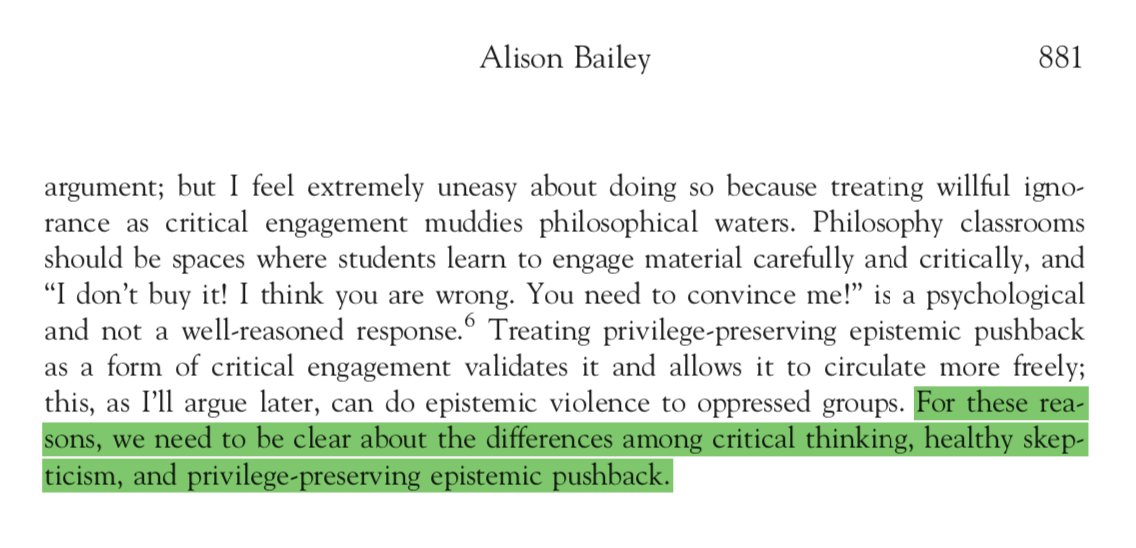 However,Bailey clearly distinguishes disagreemt & priv-preserv epistemic pushback, and she explicitly distinguishes useful/productive criticism & shadow texts which follow but don’t engage. “The threat of rape and terrorism are not the same!” = neither PPEP nor shadow txt 12/n