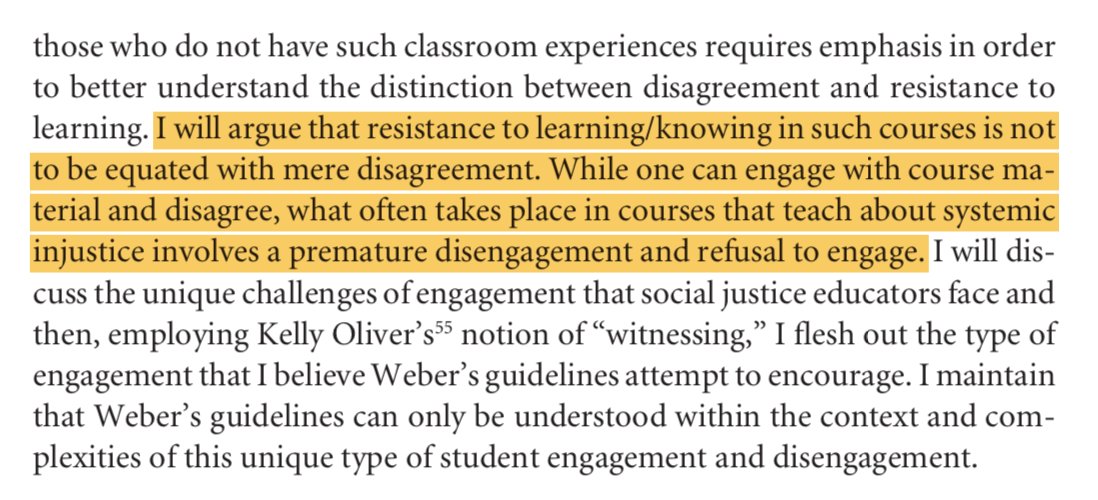Also, Applebaum (2010) takes pains to clarify that she does *not* preclude the possibility of legitimate disagreement either;  @conceptualjames’ claim that she thinks engagement requires agreement with her is pure, uncharitable cynicism. 13/n