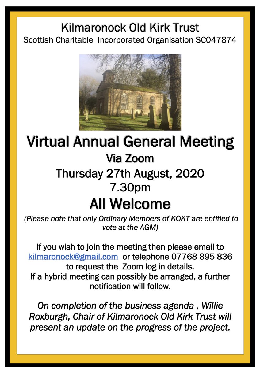 The Trust is holding a virtual AGM on 27th August. All are welcome to join. See details below. If you wish any further information then please email to kilmaronock@gmail.com