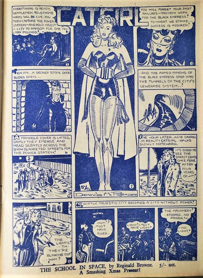 Dennis M. Reader( 1927-1995)の描いた「Cat Girl」のコスチュームがほぼSMの女王様。武器がムチだし。
同じ作者の「Phantom Maid」もアクションが魅力的。 