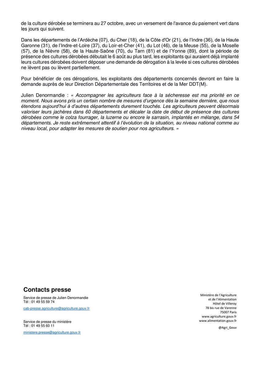 Communiqué 📢 | Face à la vague de sécheresse que continue de connaître la France, le <a href="/Agri_Gouv/">Ministère Agriculture et Souveraineté alimentaire</a> prend de nouvelles mesures pour accompagner les agriculteurs ⤵️
agriculture.gouv.fr/secheresse-le-…