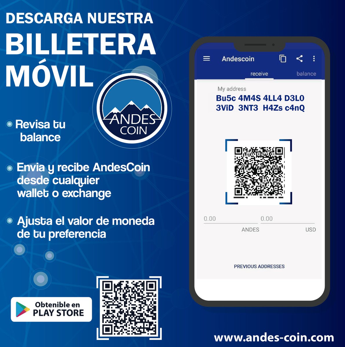 AndesCoin's tweet photo. Ahora puedes enviar y recibir Andes Coin desde tu celular a través de nuestra aplicación móvil.

Ingresa a Playstore escaneando el código QR para descargarla. 

#AndesCoin #Criptomonedas #app #mobilewallet https://t.co/73GHChYakn