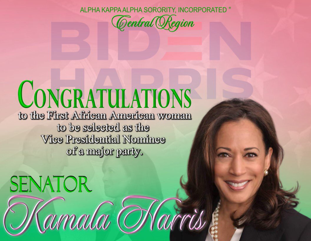 akacentral's tweet photo. The Confident, Charmed and Charismatic Central Region extends sincere congratulations to Senator Kamala Harris, a member of Alpha Kappa Alpha Sorority, Inc., on her selection as the Vice Presidential Running Mate of Presumptive Democratic Presidential Nominee Joe Biden. https://t.co/ZkfaduZq2z