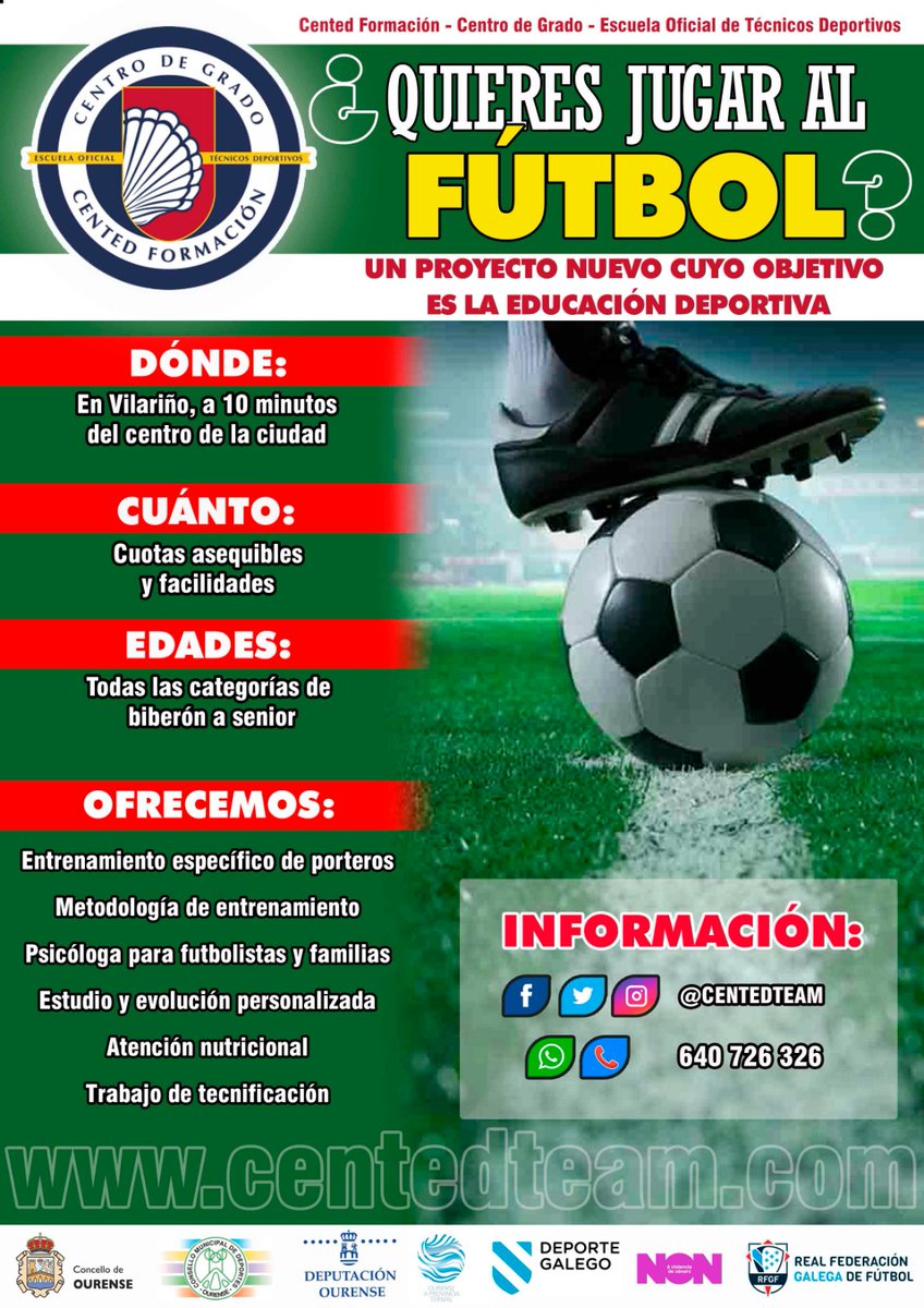 AurienseCA's tweet photo. ⚽ ¿QUIERES JUGAR AL FÚTBOL? 
💻 Estudio individual del futbolista
📚 Educación Deportiva
👨🏼‍🏫 Entrenadores titulados
🆗 Normas de seguridad e higiene
👉 Psicóloga para jugadores y familias
🥗 Nutricionista deportivo
🧤 Entrenador de porteros
✅ Cuotas asequibles! 
📲 Contáctanos! https://t.co/5emMZ9dAsO