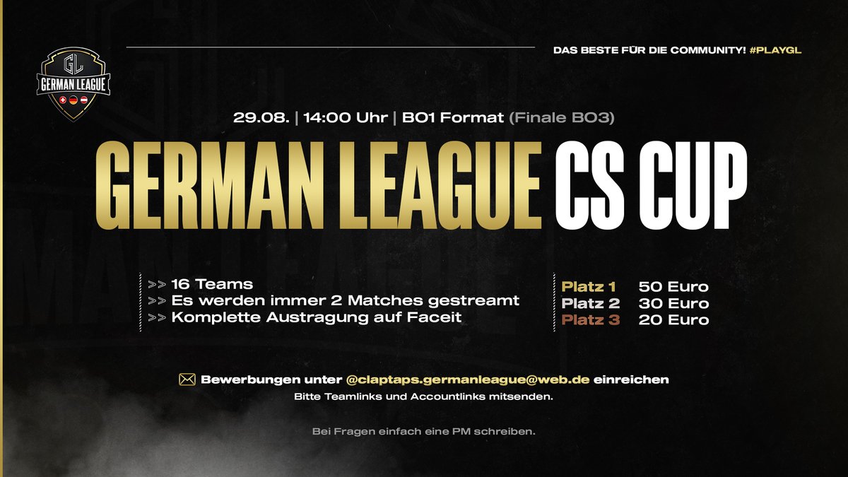 germanleaguecs's tweet photo. Wir starten ein kleines Turnier für den release der Advanced meine Freunde. Viele haben gefragt wann sie online geht und nun ist es soweit! Meldet euch an und zeigt was ihr könnt. 🙃

rt wäre lieb jungs ! :)

#CSGO #tournament #playGL https://t.co/siNh5ARRwV