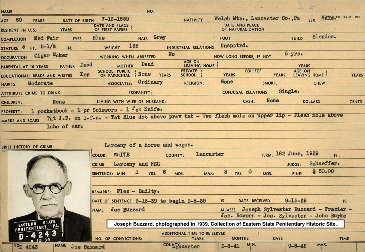 10/14 Joseph Buzzard served 7 terms at ESP. He was 80 years old when he arrived for his final sentence in 1939. Four of his brothers also served time at ESP. Known as the Welsh Mountain Gang, the Buzzards had a reputation as outlaws who specialized in horse theft.  #HiddenESP