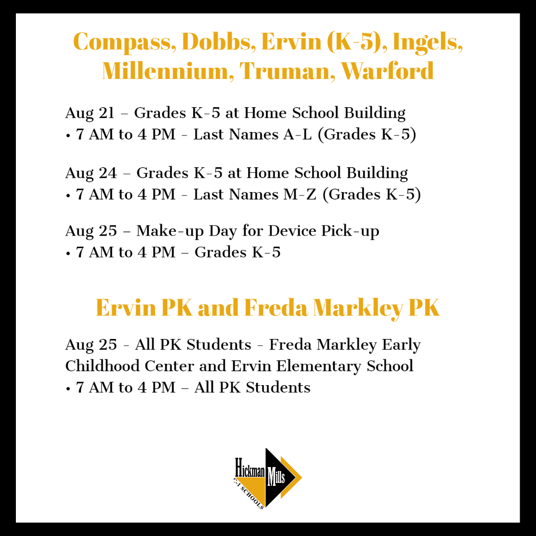 Find important device pick-up information on pages 10 and 11 of the district’s Return to Learn Plan at bit.ly/HMC1ReturnToLe…, or click on the photos below for the pick-up schedule.