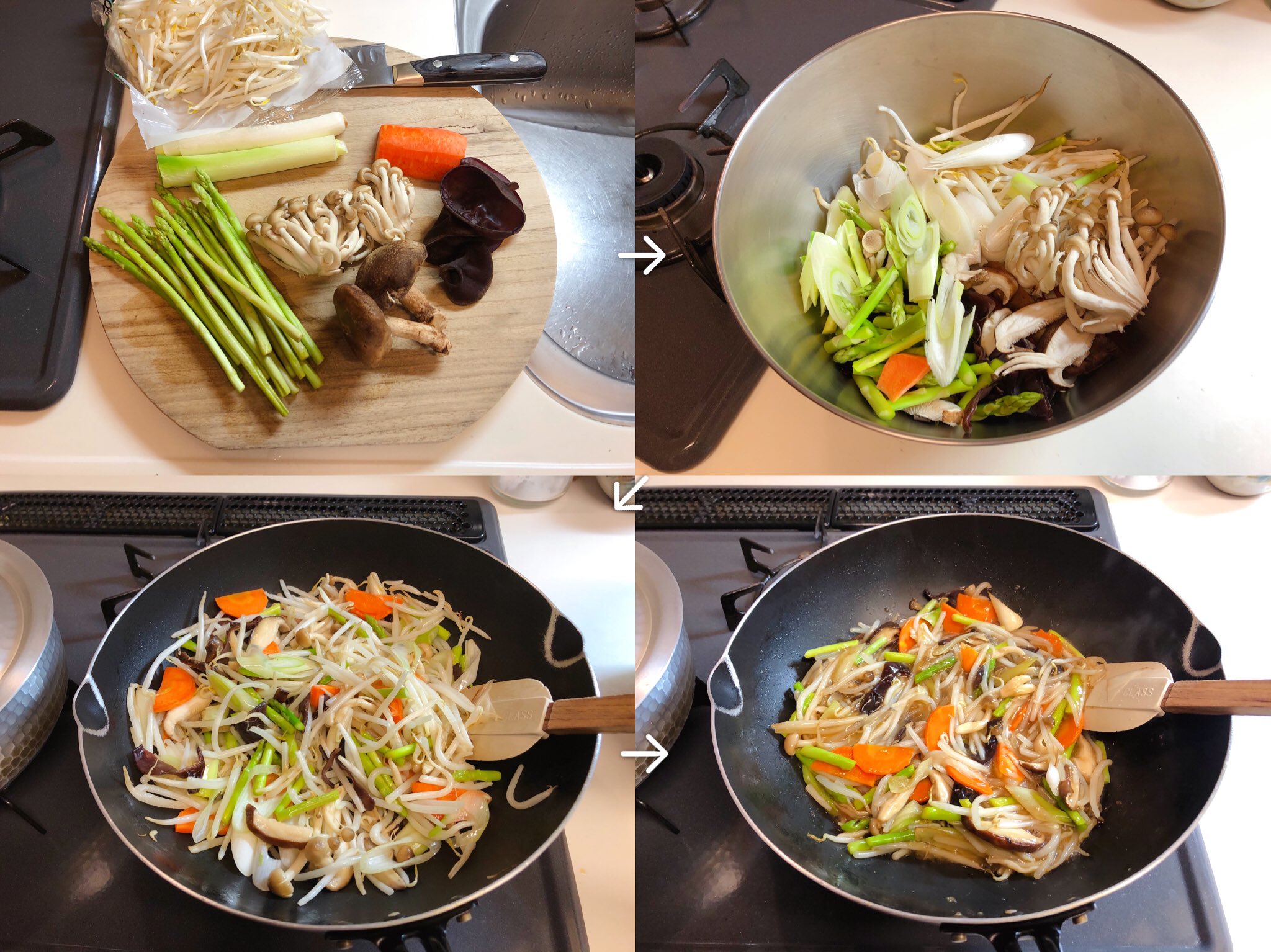 おりえ 野菜炒め美味しく出来た 野菜も味付けも何でも良いけど 野菜切ったらボウルでサラダ油大さじ1 2万遍なく野菜にまぶしてコーティングしてあげればシャキシャキして美味しく仕上がる 今日は油まぶしたお野菜を強火で炒めて 鶏ガラ オイスター