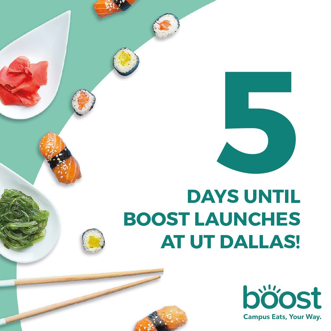 UTDallasDining's tweet photo. 5 days until Boost launches at UT Dallas! Skip the line all over campus with Boost Mobile ordering and pick up at your own convenience.
#utdallasdining #utddining #utdallas #boostmyday https://t.co/mdSJdNyFhz