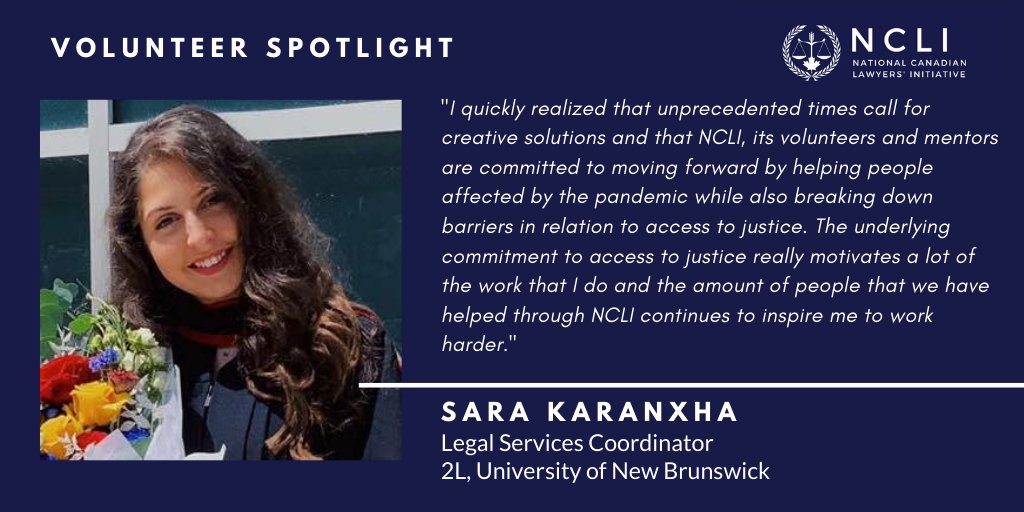 natcanlaw's tweet photo. #VolunteerSpotlight: Meet Sara Karanxha, 2L student at University of New Brunswick and Legal Services Coordinator at @natcanlaw #a2j https://t.co/m6ZGPGhrAC