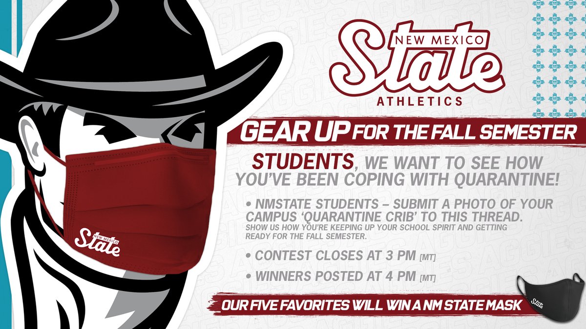 NMStateAggies's tweet photo. WE'RE A WEEK AWAY FROM THE FALL SEMESTER‼️

It's been 'different' to say the least, but now is the time to start gettin' pumped!

@nmsu students show us you Aggie Spirit by posting a pic from your dorm (if you're here already) or just cute pics &amp; we'll reward you with more gear! https://t.co/NJDCMcU1EB