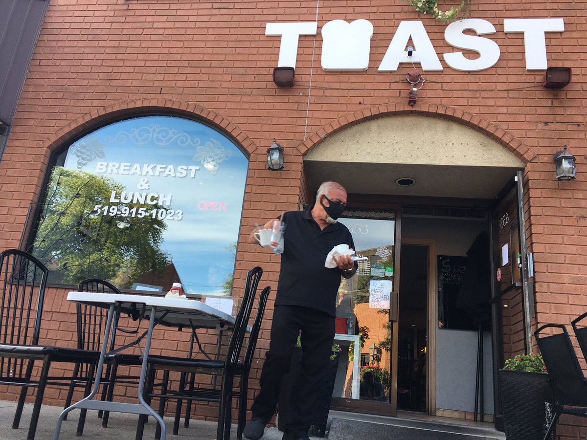 JasonViauCBC's tweet photo. Windsor-Essex is officially in Stage 3. 

Toast on Erie St is one restaurant serving people indoors right now, taking extra precautions. 

Previously they had 20 tables, with room for 80 people. That’s been cut in half. 

I’ll be on @CBCMorningLive just after 10 for more on this. https://t.co/fccmCo4cH0