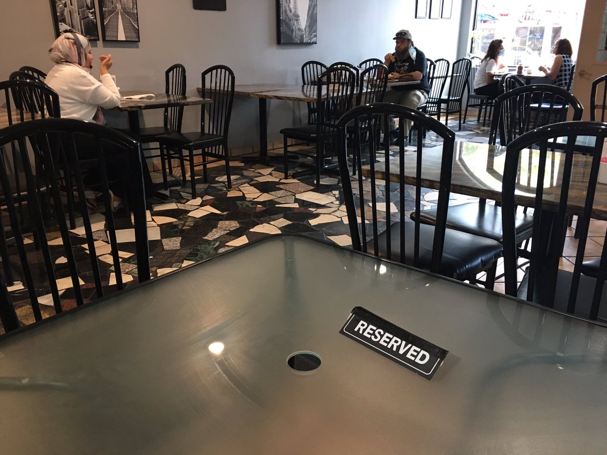 JasonViauCBC's tweet photo. Windsor-Essex is officially in Stage 3. 

Toast on Erie St is one restaurant serving people indoors right now, taking extra precautions. 

Previously they had 20 tables, with room for 80 people. That’s been cut in half. 

I’ll be on @CBCMorningLive just after 10 for more on this. https://t.co/fccmCo4cH0