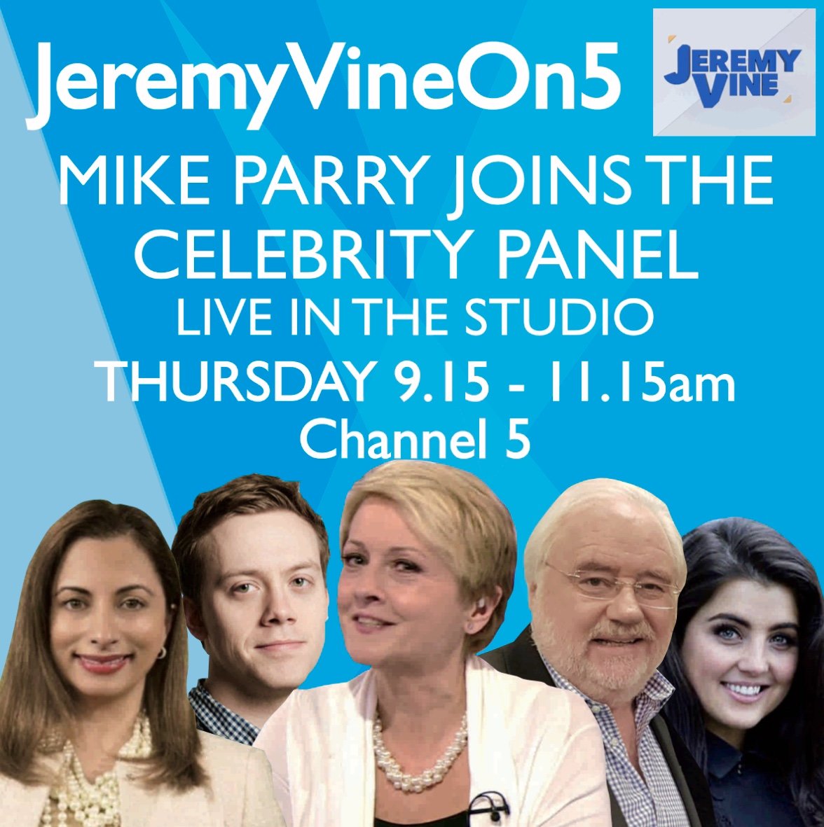 mikeparry8's tweet photo. OK FOLKS .. delighted to be joining @jasminedotiwala and @OwenJones84 on @JeremyVineOn5 tomorrow morning with presenters @theannediamond and @StormHuntley .. get tuned at 9.15 .. @Channel5 @ITNProductions .. #facefortv ๐ง https://t.co/F0bjdEGmfz