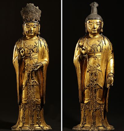 After Silla, the next major kingdom was Goryeo (origin of "Korea"), which saw Buddhism flourish in Korea, the development of high-quality celadon, creation of the world's greatest Buddhist collection of scripture, the Tripitaka Koreana. Here, two Goryeo bodhisattva figures.