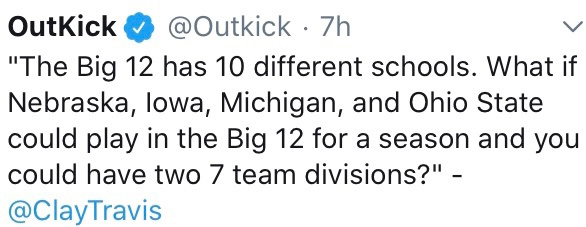 #Big10 leadership completely disorganized.  Could we see temporary return of #NebraskaCornhuskers to #Big12? #CFB #MichiganWolverines #OhioStateBuckeyes #IowaHawkeyes #TexasLonghorns #WeWantToPlay #Outkick #ClayTravis