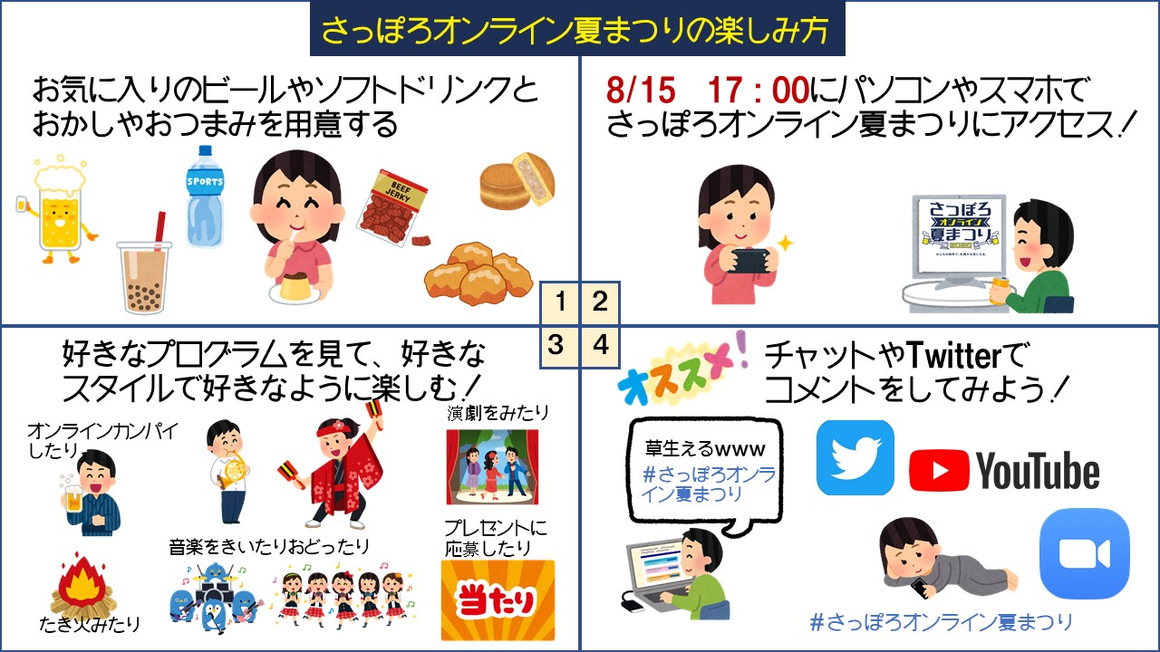 さっぽろオンライン夏まつり 8 14 29 拡散希望 偉い人 さっぽろオンライン夏まつり 初めてすぎてどう楽しめばいいのかわからないんじゃない K そうですね どうしよう 偉い人 4コマ作れば K ４ コマ いらすとやさんのパワーを