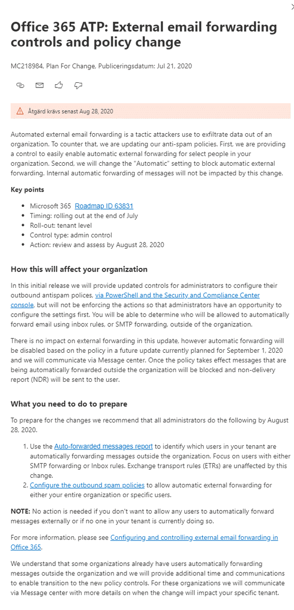 stefanschorling's tweet photo. Dont forget to review your Mailbox Forwarding, Microsoft is changing the default behaviour for the better at the end of the month. Check MC218984 #O365 #Exchange #Security #Exchange https://t.co/8wLGKPGelH