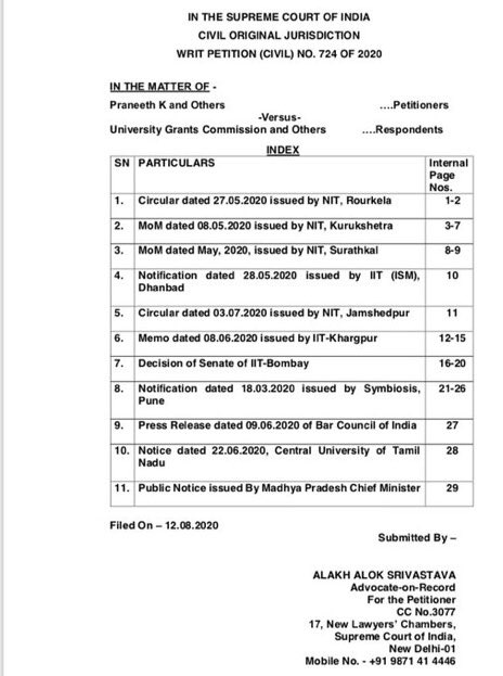 NidhiTanejaa's tweet photo. #UGC matter: @advocate_alakh files additional documents in Supreme Court to show that various IITs/ NITs/ NLUs etc have cancelled final exams and awarded degree, basis past performance. https://t.co/6fye8Cy1xa