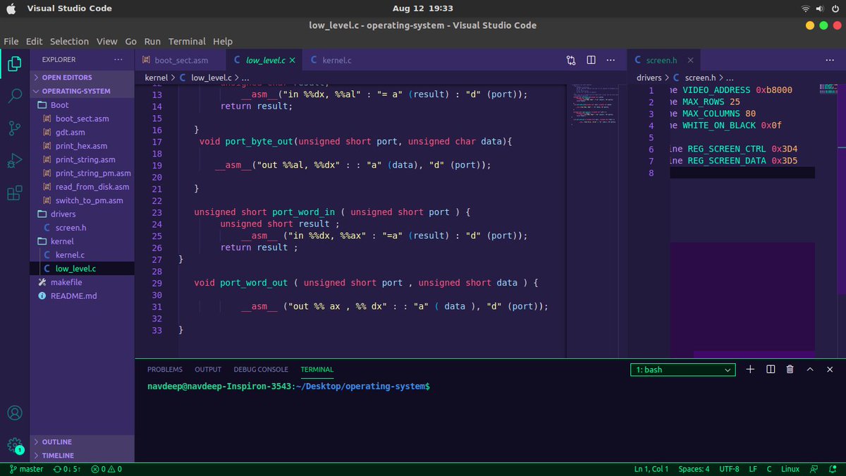 dev_navdeep's tweet photo. integrated low level assembly parsing in kernel of my operating system.
follow and contribute to OS from scratch at github:
https://t.co/bKI8Jp4DF5
#c #embedded c++ #x86assembly #CodeNewbies #OpenSource #100DaysOfCode @treehouse @freeCodeCamp https://t.co/mtIdUGnBF8