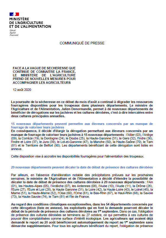 J_Denormandie's tweet photo. Face à la vague de #sécheresse que continue de connaître la France, les agriculteurs peuvent désormais valoriser leurs jachères dans 62 départements et décaler la date de début de présence des cultures dérobées (colza fourrager, luzerne  sarrasin...) dans 54 départements ⤵️ https://t.co/6invMiCuMe