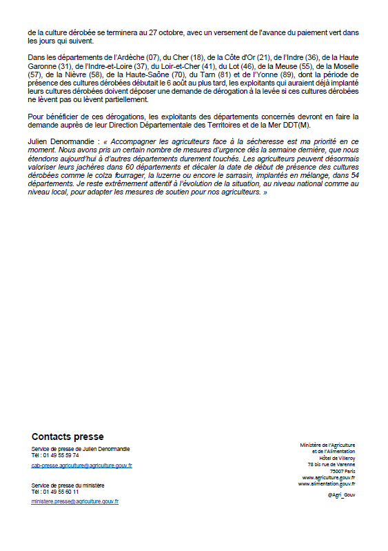 J_Denormandie's tweet photo. Face à la vague de #sécheresse que continue de connaître la France, les agriculteurs peuvent désormais valoriser leurs jachères dans 62 départements et décaler la date de début de présence des cultures dérobées (colza fourrager, luzerne  sarrasin...) dans 54 départements ⤵️ https://t.co/6invMiCuMe