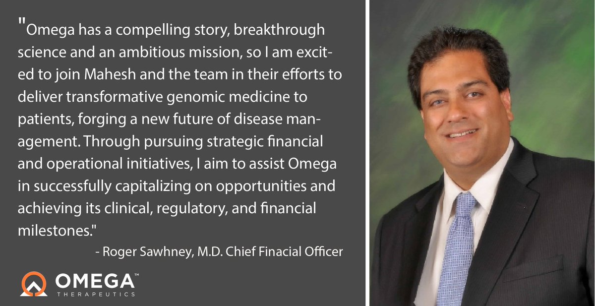 OmegaTX's tweet photo. Today we announced the appointment of Roger Sawhney, M.D. as Chief Financial Officer of Omega Therapeutics. We are thrilled to have Roger join our team. Welcome, Dr. Roger Sawhney!
Read more about our new CFO appointment here: https://t.co/79bJHgx9ip
#Leadership #OmegaValues https://t.co/LzitjDYNU9