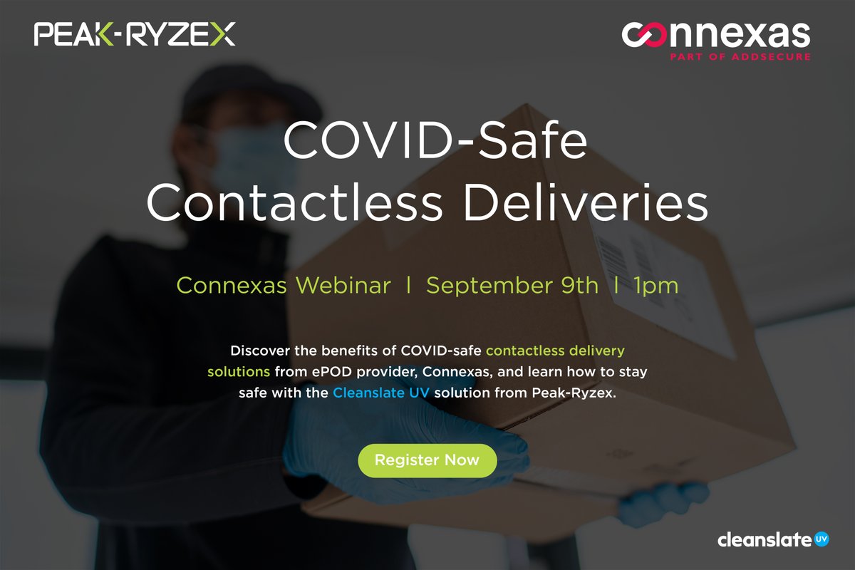 Peak_Tech_UK's tweet photo. Register to attend the #Connexas webinar to learn about the latest COVID-safe contactless #DeliverySolutions, and discover the #CleanslateUV light solution from #PeakRyzex (proven to kill 99.979% of the novel coronavirus)
Sign-up here - https://t.co/bmQ3kpvTd2
#ePOD #SupplyChain https://t.co/BfjwgBNyNP