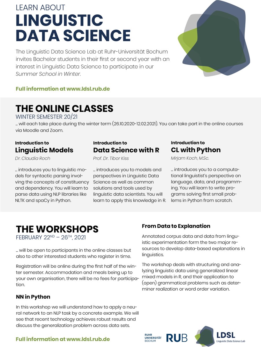 Das "Linguistic Data Science Lab" der Ruhr-Universität Bochum lädt Bachelor-Studierende, die im 1. oder 2. Studienjahr sind und ein Interesse an Linguistic Data Science haben, zu ihrer "Summer School in Winter" ein. 💻👾 Sie findet parallel zum Wintersemester statt.