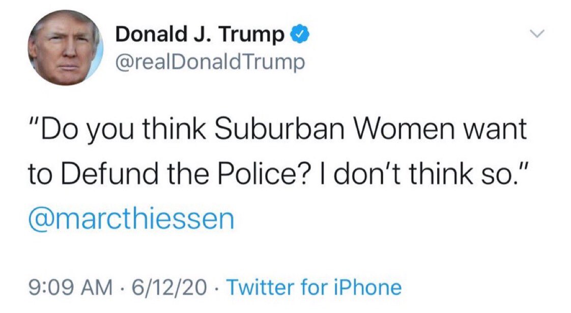 When Trump says  #SuburbanHousewife he signals “who will protect white women from being raped by Black men?” as he did earlier this year when attacking  #DefundThePolice