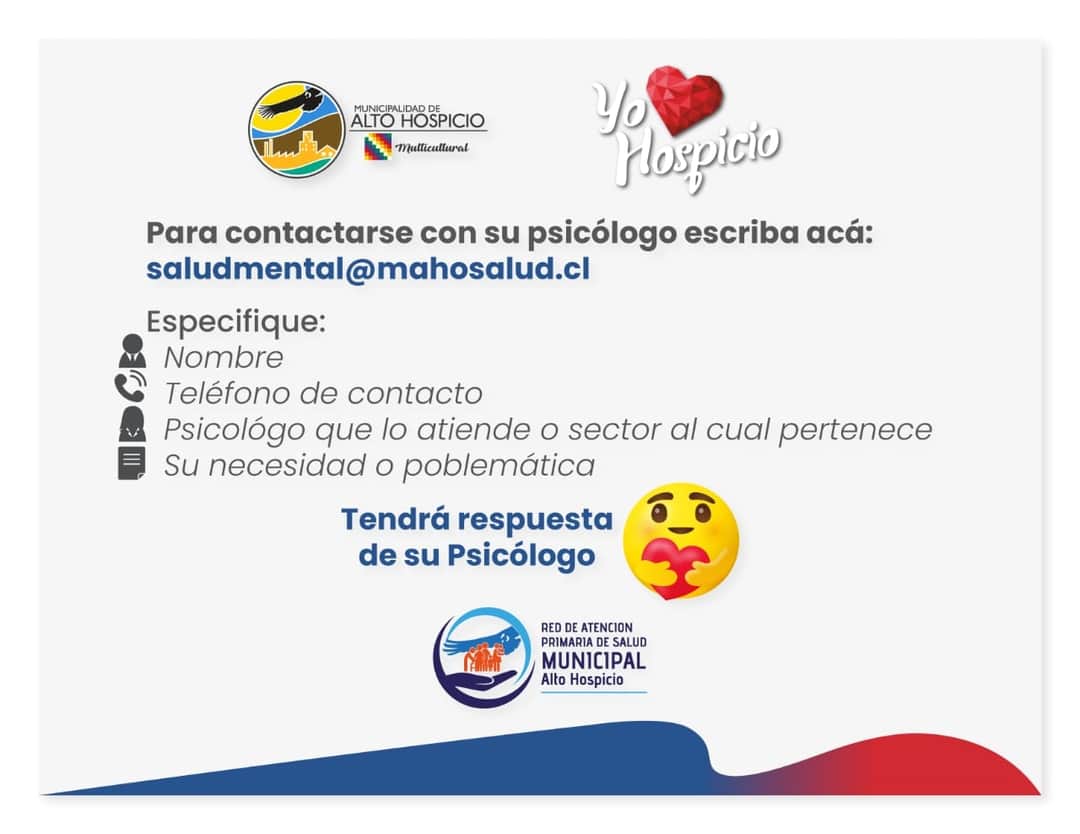 red_alto's tweet photo. Estimados vecinos, la Red de Atención Primaria de Salud Municipal de #AltoHospicio, les recuerda que pueden acceder a atención psicológica 🗣👤👥a través de este correo electrónico 💻📲👇
saludmental@mahosalud.cl
¡No lo olvide!
#atenciónprimaria
#QuédateEnTuCasa
#MAHOSPICIO https://t.co/0k73gaqbNe