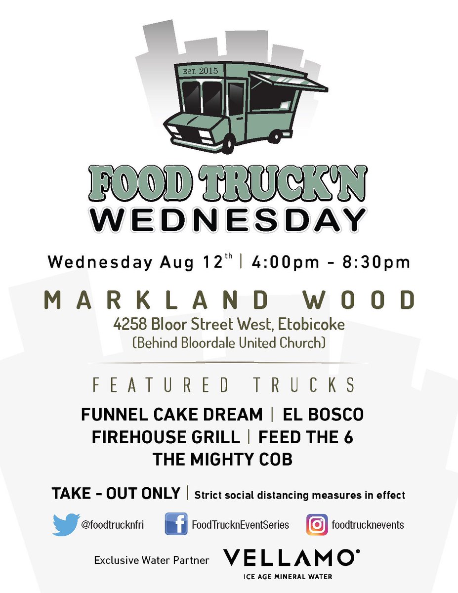 Wake up #Etobicoke! It’s Food Truck’N Wednesday! <a href="/Feedthesix/">Feedthesix</a>, <a href="/Funnelcakedream/">FunnelCakeDream</a>, <a href="/elboscocatering/">El Bosco Catering</a>, Firehouse Grill &amp; <a href="/themightycob/">The Mighty Cob</a> will all be @ our #MarklandWood pop-up from 4-8:30pm. Takeout only, no cash payments, 2m apart at all times. It’s a beautiful day out, come by!
