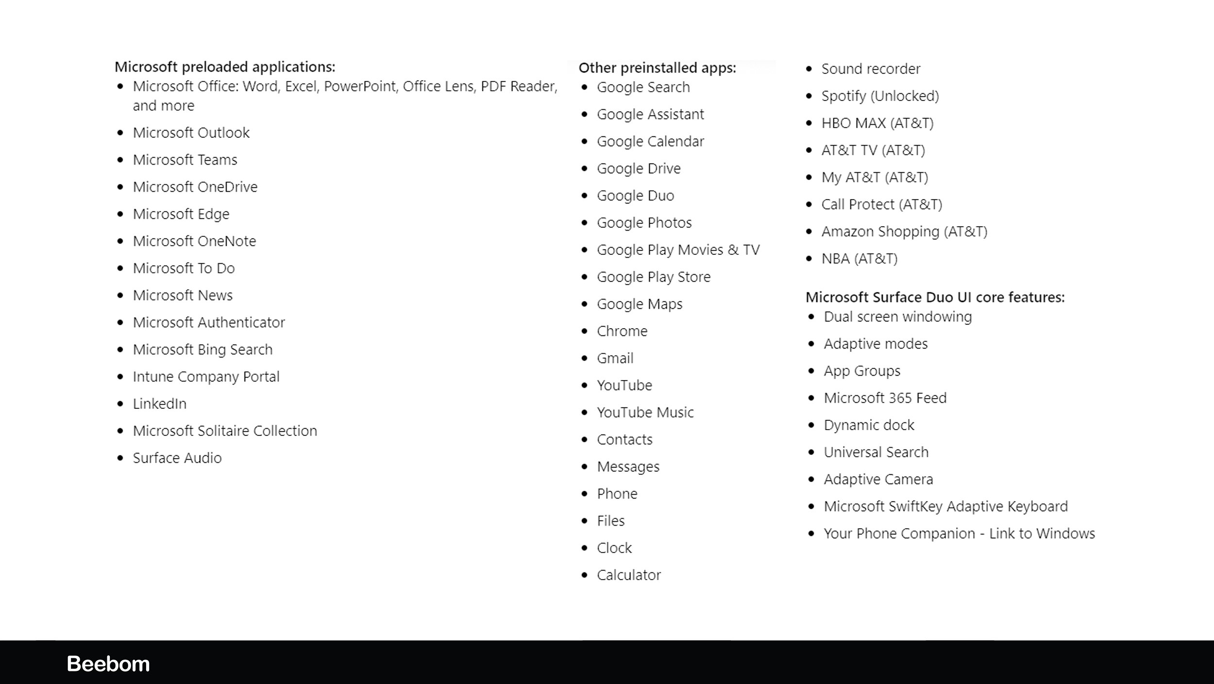 Beebom on X: One thing that impressed us the most in the spec-sheet of  #SurfaceDuo is not the specs of-course but the clear mention of the list of  preinstalled apps that come