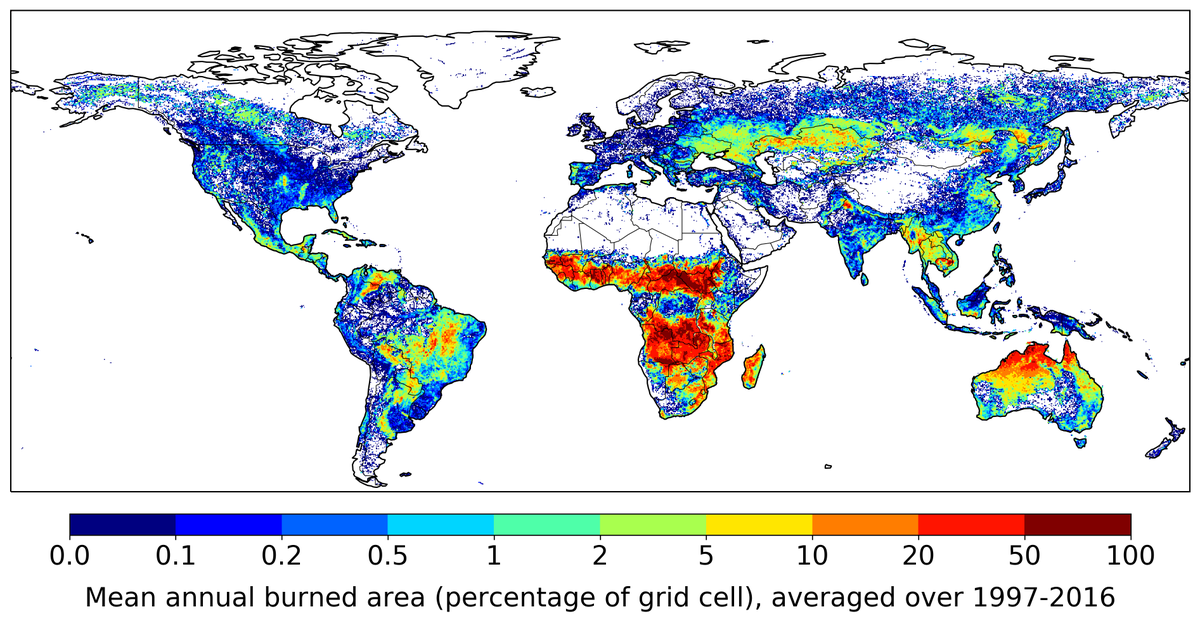 2/7Here is a map of global burned area produced by Louis Giglio (UMD, NASA) based on MODIS data. Total global area is equivalent to the size of the EU.The red areas are in the subtropics are mostly savannas, responsible for some 90% of global burned area. Only the grasses burn